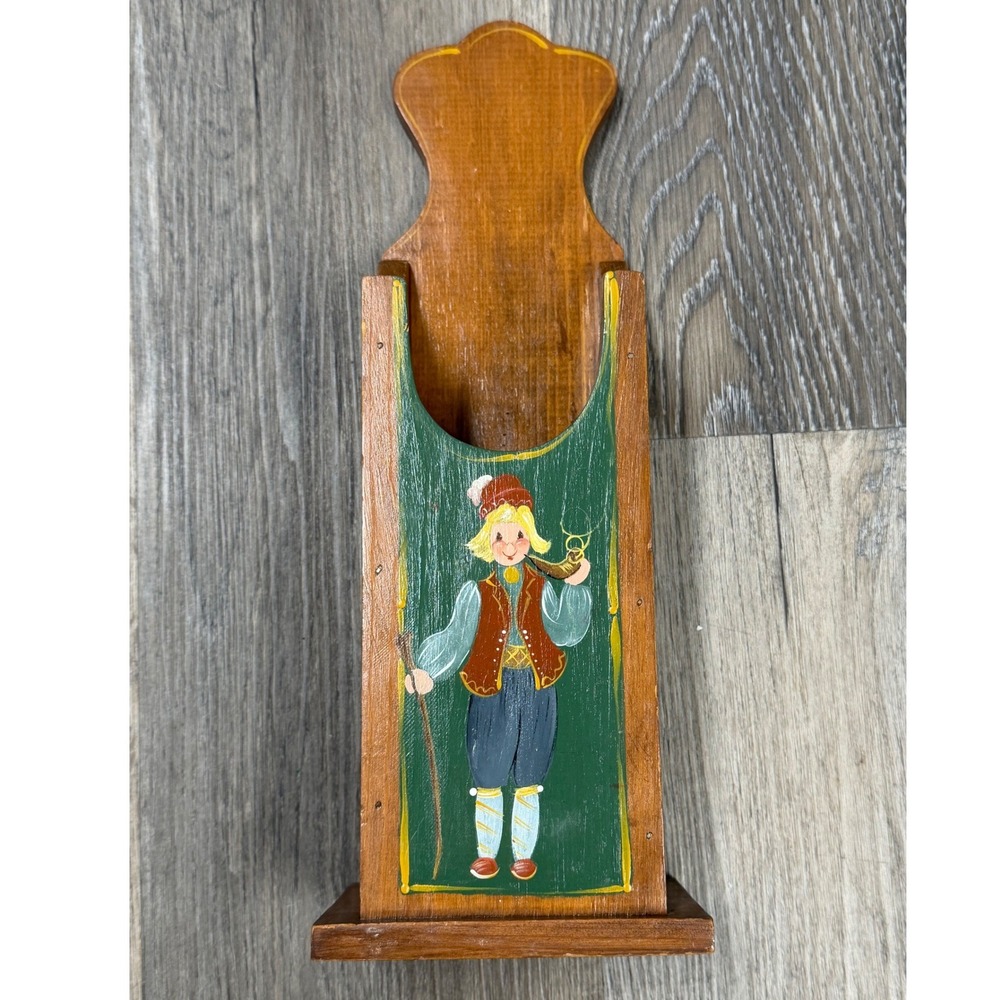Vintage Norwegian Hand Painted Letter Holder Pipe Man Folk Art Wall Pocket